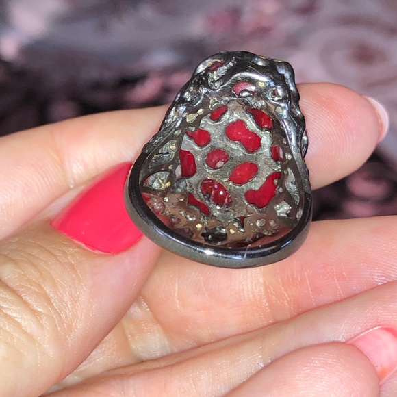 Unique Natural Red Coral Ring with Amethyst